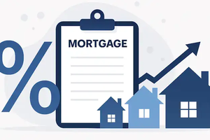 Mortgage interest rates with houses and graph upward trend