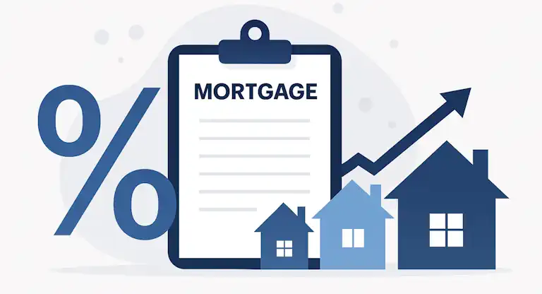Mortgage interest rates with houses and graph upward trend